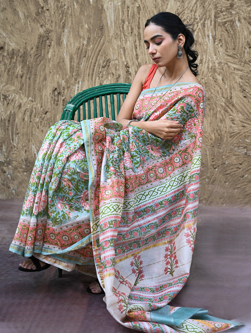 Sanganer Summers : Hand Block Printed Chanderi Saree - Cottage Garden