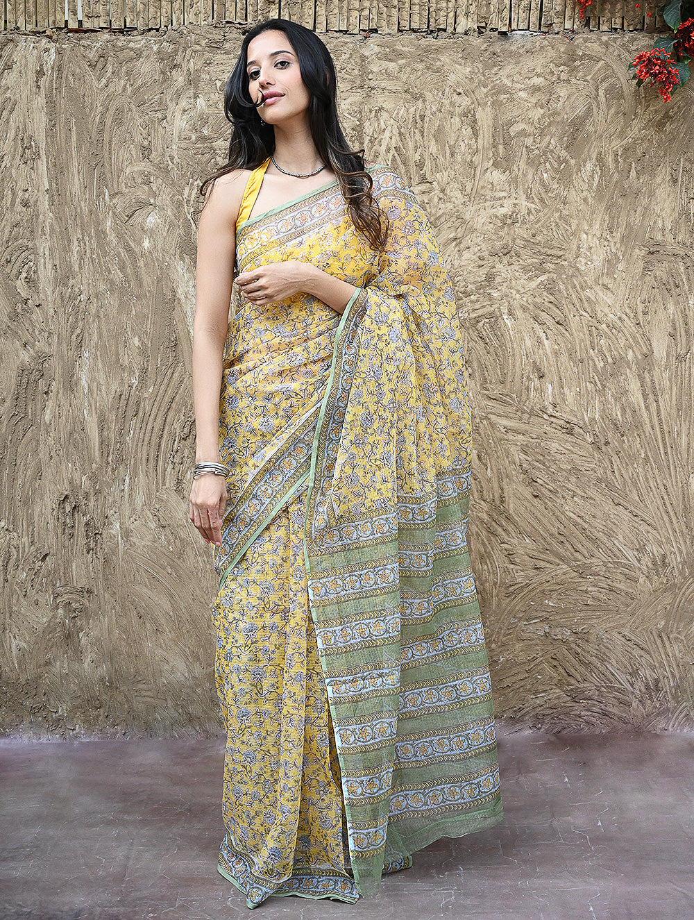 Sanganer Summers : Hand Block Printed Mul Cotton Saree - Peet Pushpjaal