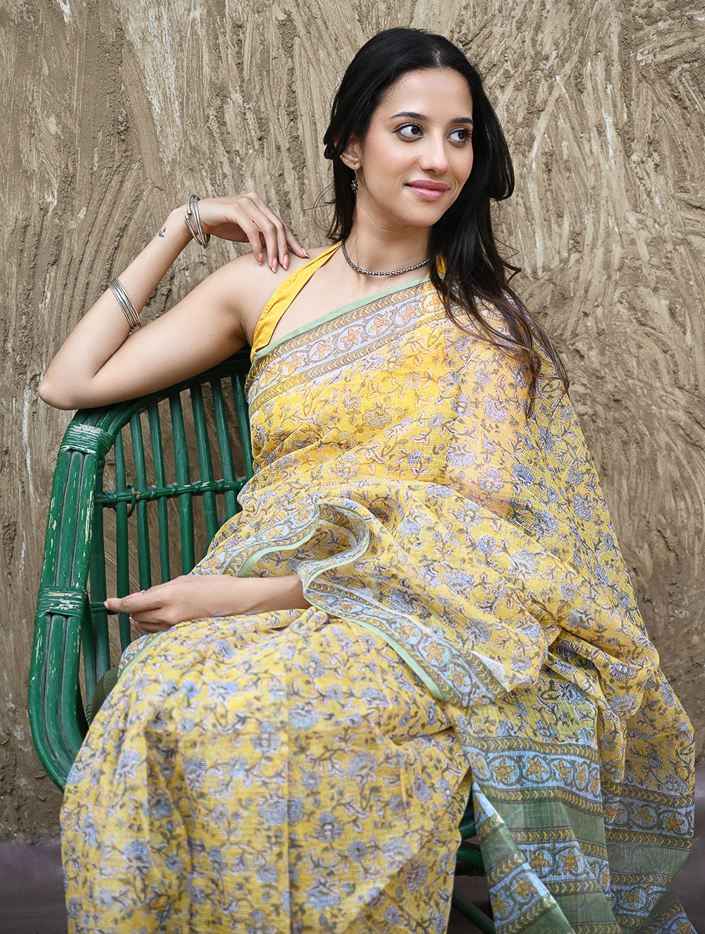 Sanganer Summers : Hand Block Printed Mul Cotton Saree - Peet Pushpjaal