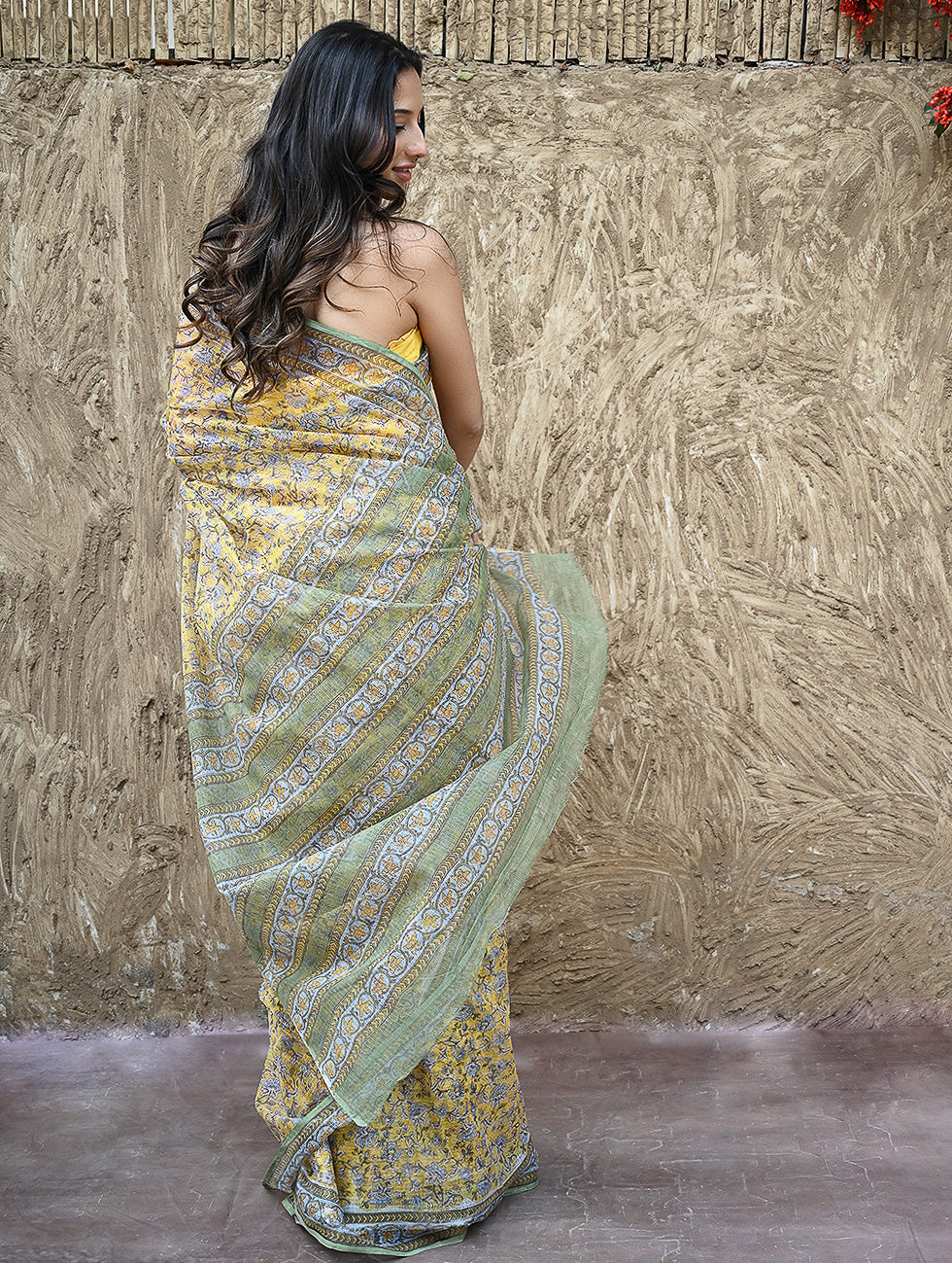 Sanganer Summers : Hand Block Printed Mul Cotton Saree - Peet Pushpjaal