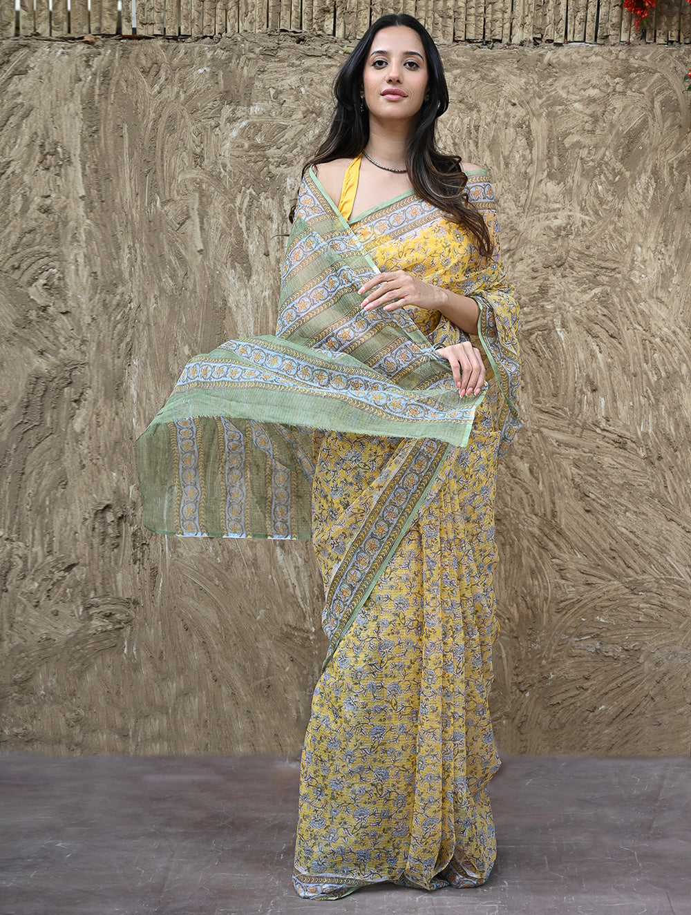 Sanganer Summers : Hand Block Printed Mul Cotton Saree - Peet Pushpjaal