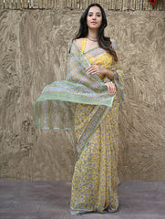 Sanganer Summers : Hand Block Printed Mul Cotton Saree - Peet Pushpjaal