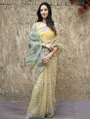 Sanganer Summers : Hand Block Printed Mul Cotton Saree - Peet Pushpjaal
