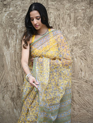 Sanganer Summers : Hand Block Printed Mul Cotton Saree - Peet Pushpjaal