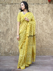 Sanganer Summers : Hand Block Printed Maheshwari Saree - Canary Lawn