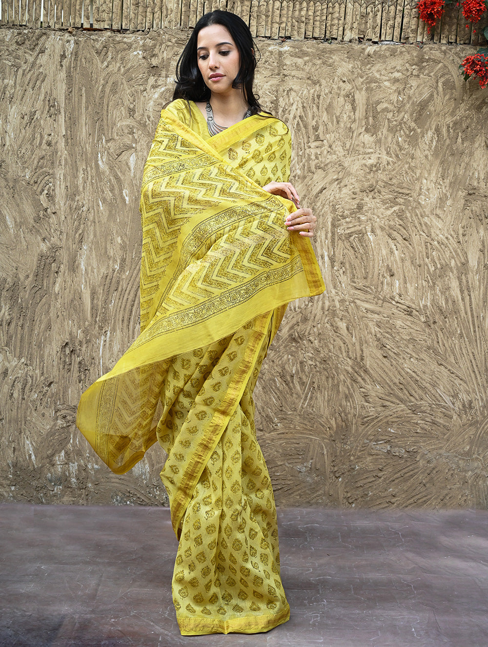 Sanganer Summers : Hand Block Printed Maheshwari Saree - Canary Lawn