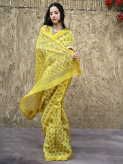 Sanganer Summers : Hand Block Printed Maheshwari Saree - Canary Lawn