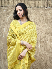 Sanganer Summers : Hand Block Printed Maheshwari Saree - Canary Lawn