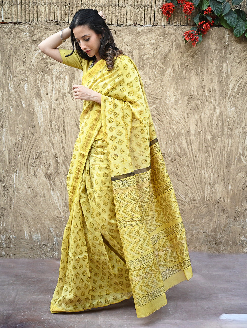 Sanganer Summers : Hand Block Printed Maheshwari Saree - Canary Lawn