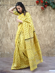 Sanganer Summers : Hand Block Printed Maheshwari Saree - Canary Lawn