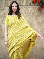 Sanganer Summers : Hand Block Printed Maheshwari Saree - Canary Lawn