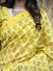 Sanganer Summers : Hand Block Printed Maheshwari Saree - Canary Lawn