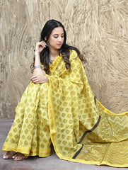 Sanganer Summers : Hand Block Printed Maheshwari Saree - Canary Lawn