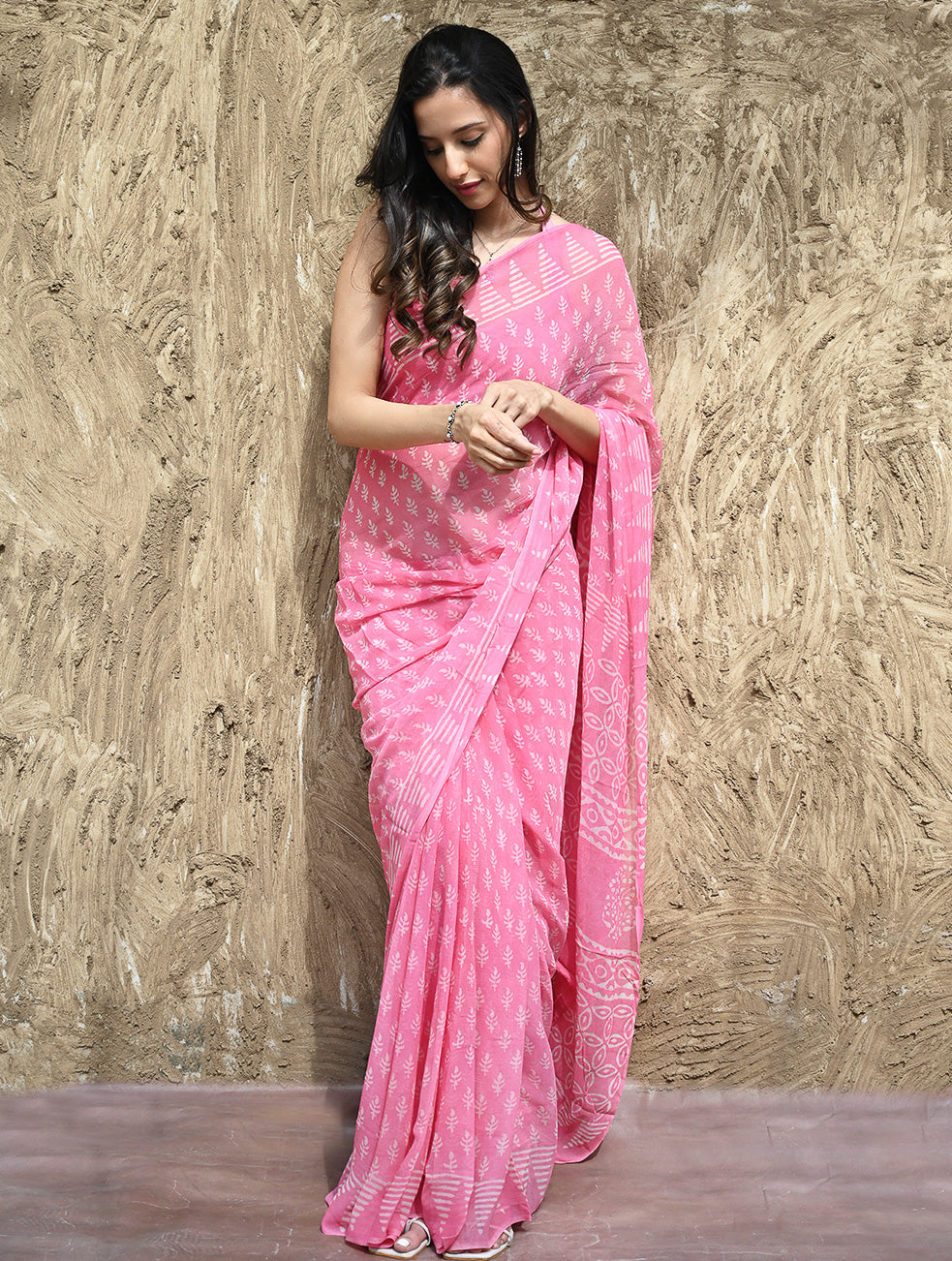 Dabu Vibes : Hand Block Printed Chiffon Saree - Gulabari