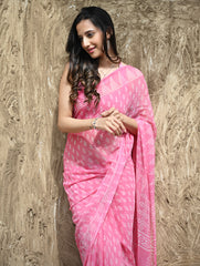 Dabu Vibes : Hand Block Printed Chiffon Saree - Gulabari