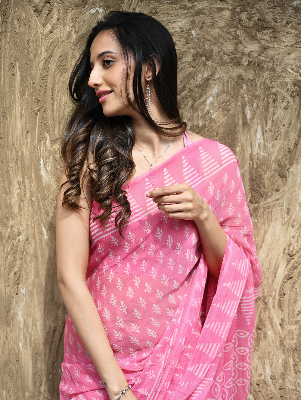 Dabu Vibes : Hand Block Printed Chiffon Saree - Gulabari
