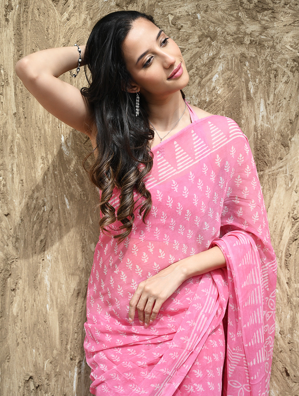 Dabu Vibes : Hand Block Printed Chiffon Saree - Gulabari