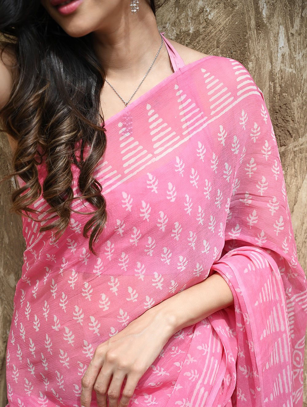 Dabu Vibes : Hand Block Printed Chiffon Saree - Gulabari