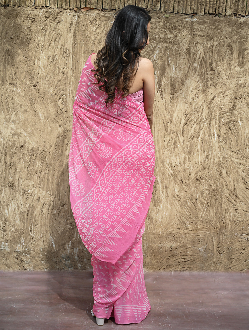 Dabu Vibes : Hand Block Printed Chiffon Saree - Gulabari