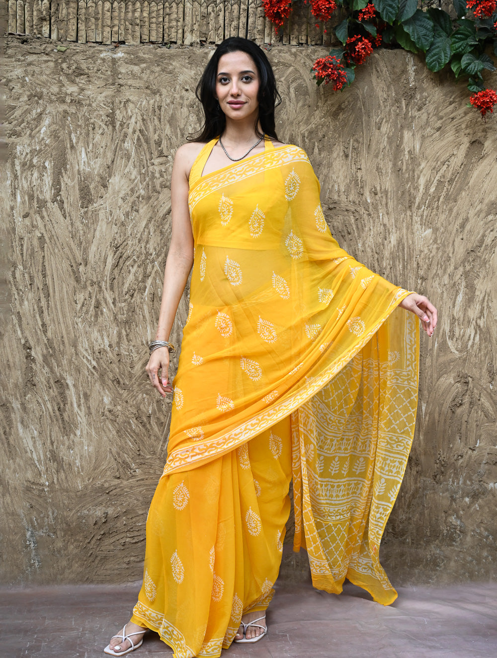 Dabu Vibes : Hand Block Printed Chiffon Saree - Basanti
