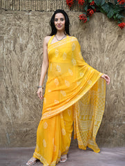 Dabu Vibes : Hand Block Printed Chiffon Saree - Basanti