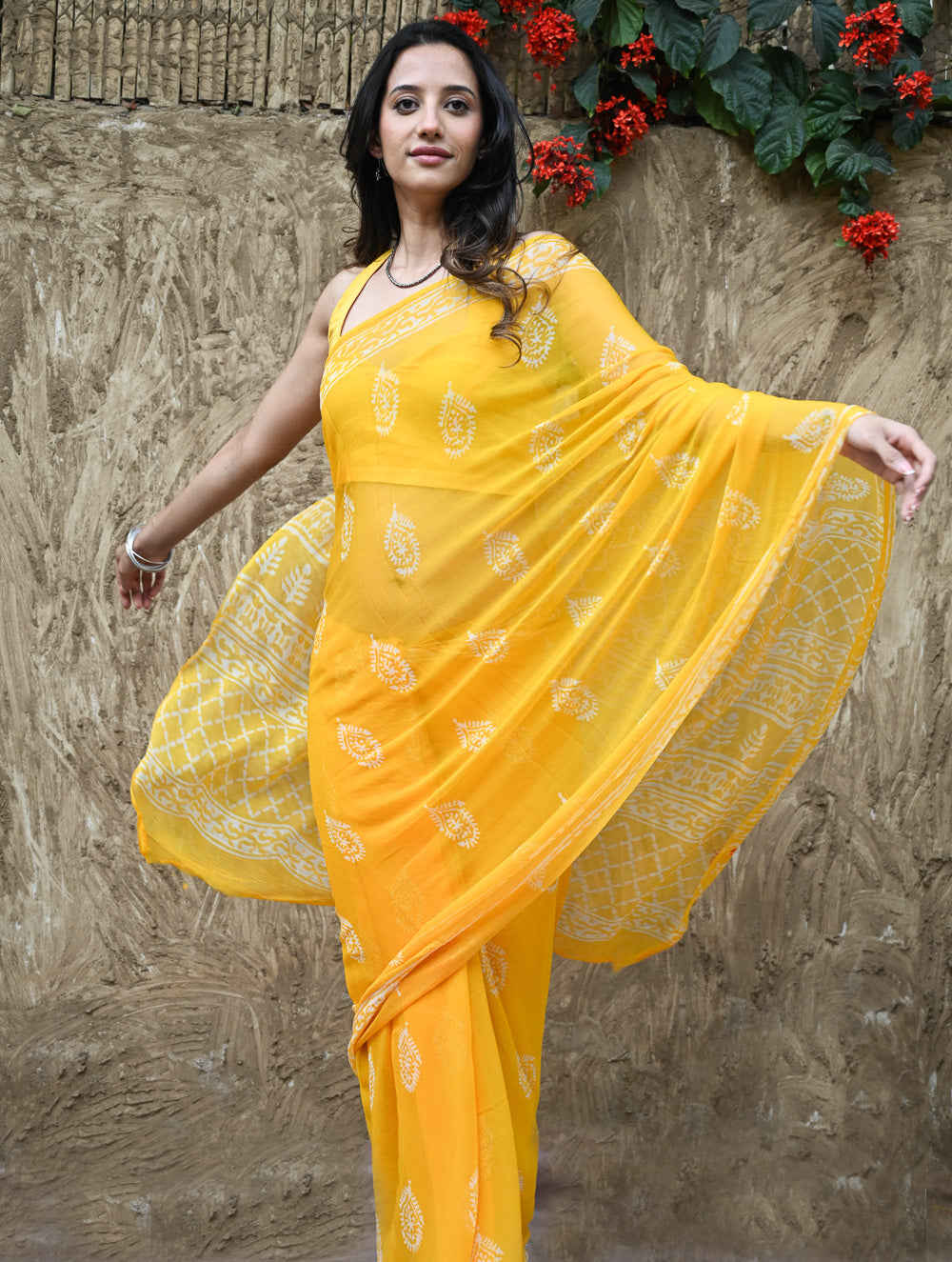Dabu Vibes : Hand Block Printed Chiffon Saree - Basanti
