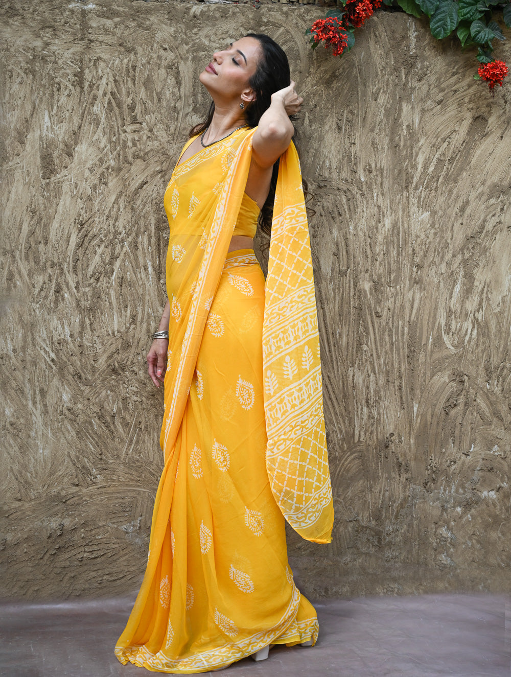 Dabu Vibes : Hand Block Printed Chiffon Saree - Basanti
