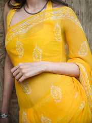 Dabu Vibes : Hand Block Printed Chiffon Saree - Basanti