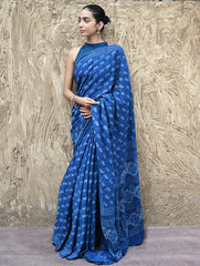 Dabu Vibes : Hand Block Printed Mul Cotton Saree - Neel Kamal
