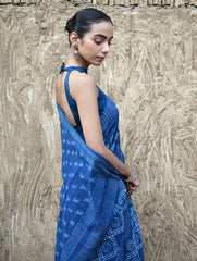 Dabu Vibes : Hand Block Printed Mul Cotton Saree - Neel Kamal