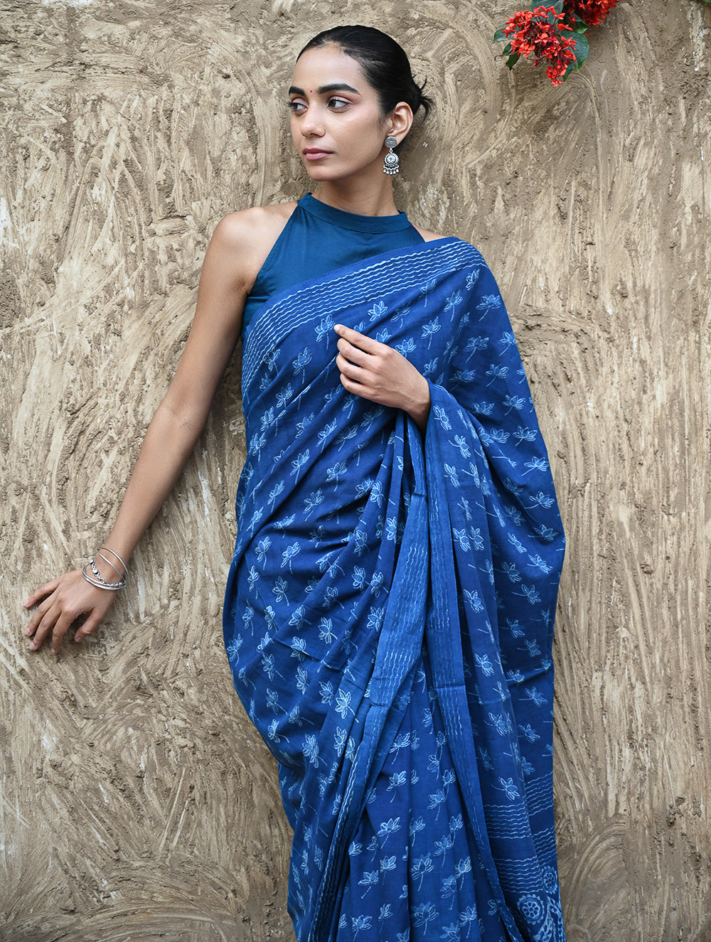 Dabu Vibes : Hand Block Printed Mul Cotton Saree - Neel Kamal