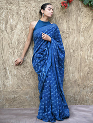 Dabu Vibes : Hand Block Printed Mul Cotton Saree - Neel Kamal