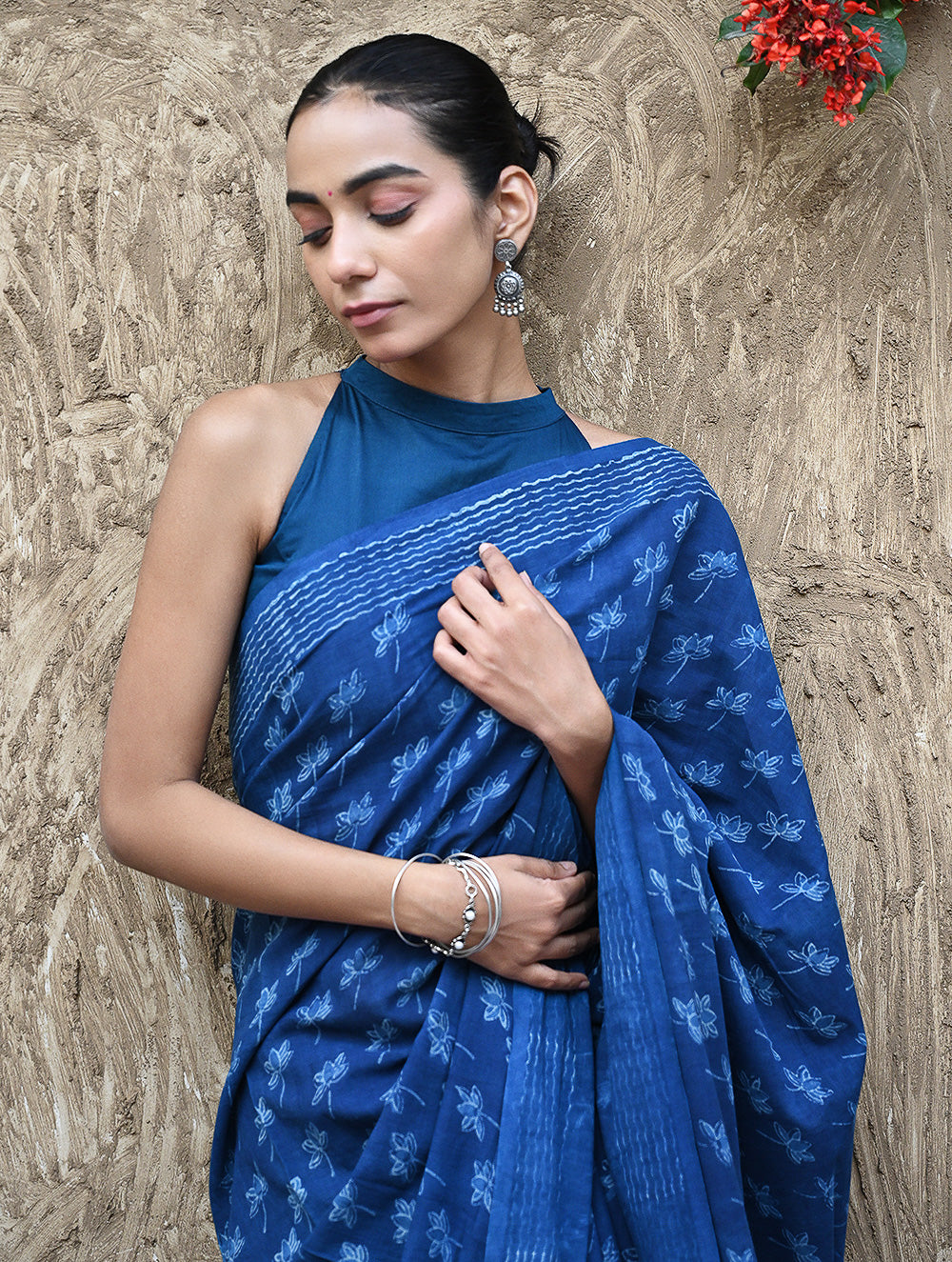 Dabu Vibes : Hand Block Printed Mul Cotton Saree - Neel Kamal