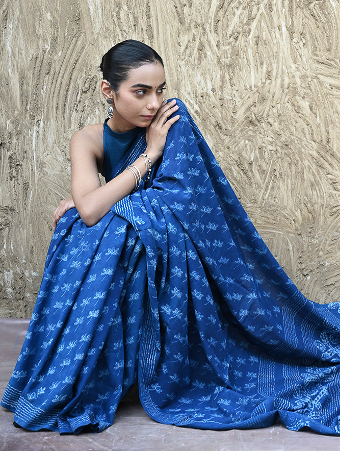 Dabu Vibes : Hand Block Printed Mul Cotton Saree - Neel Kamal