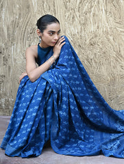 Dabu Vibes : Hand Block Printed Mul Cotton Saree - Neel Kamal