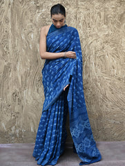 Dabu Vibes : Hand Block Printed Mul Cotton Saree - Neel Kamal