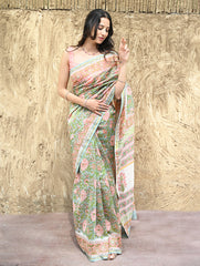 Sanganer Summers : Hand Block Printed Chanderi Saree - Cottage Garden