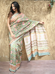 Sanganer Summers : Hand Block Printed Chanderi Saree - Cottage Garden