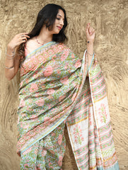 Sanganer Summers : Hand Block Printed Chanderi Saree - Cottage Garden