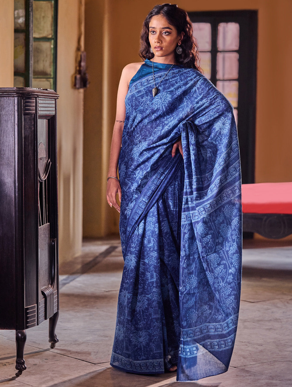 Indigo Moods. Dabu Hand Block Printed Mul Cotton Saree - Haveli