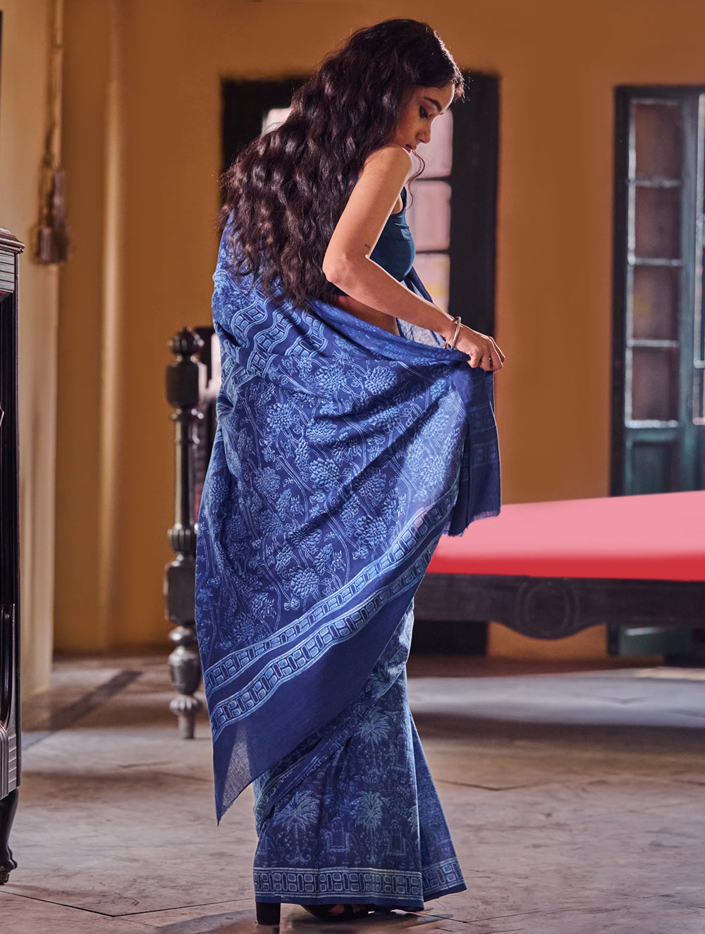 Indigo Moods. Dabu Hand Block Printed Mul Cotton Saree - Haveli