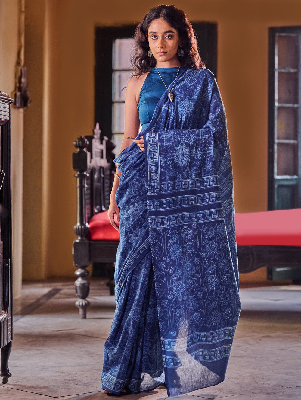 Indigo Moods. Dabu Hand Block Printed Mul Cotton Saree - Haveli
