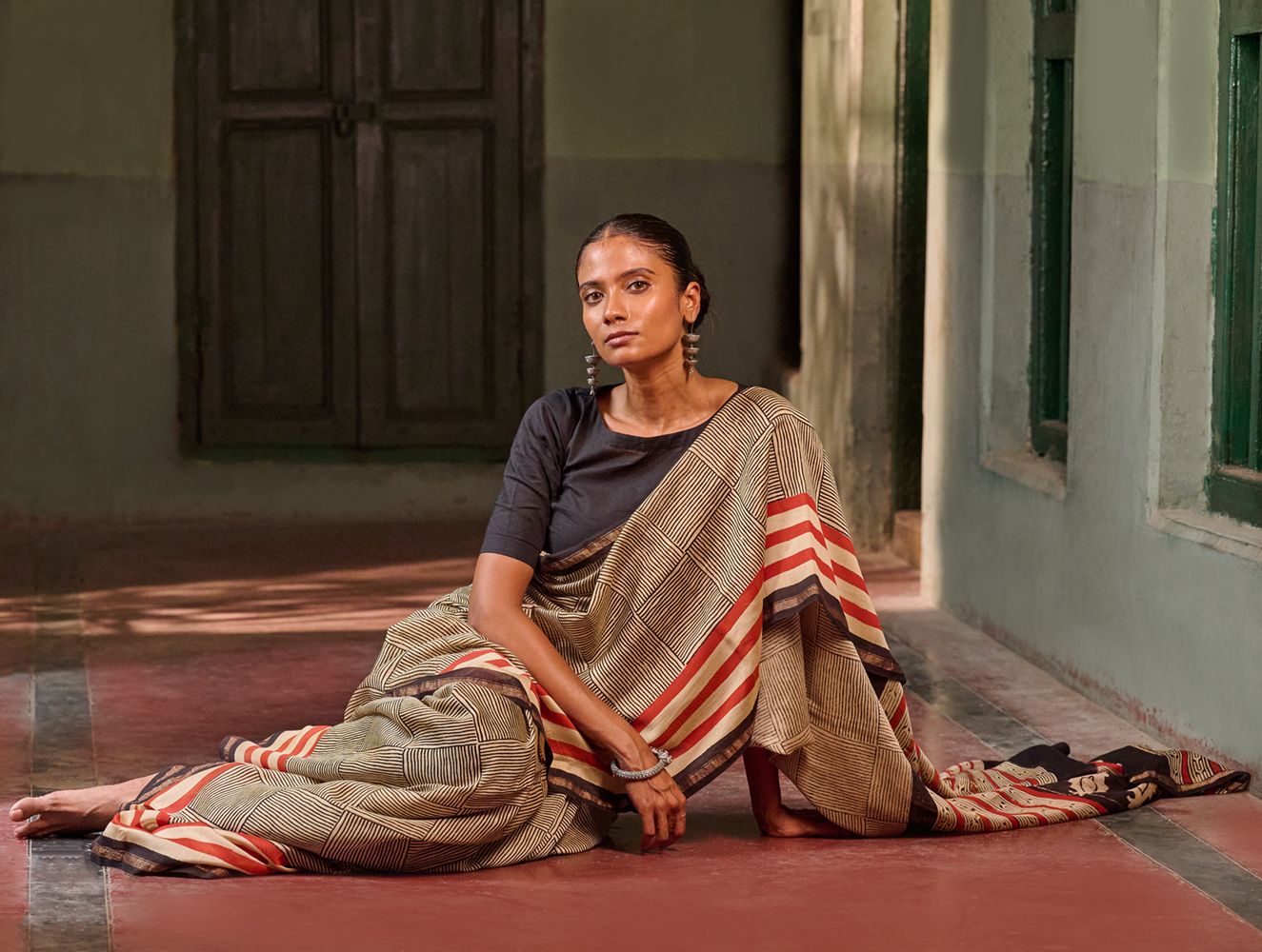 Bagru Statements: Striking Bagru Hand Block Printed Chanderi Saree - Linear Grids