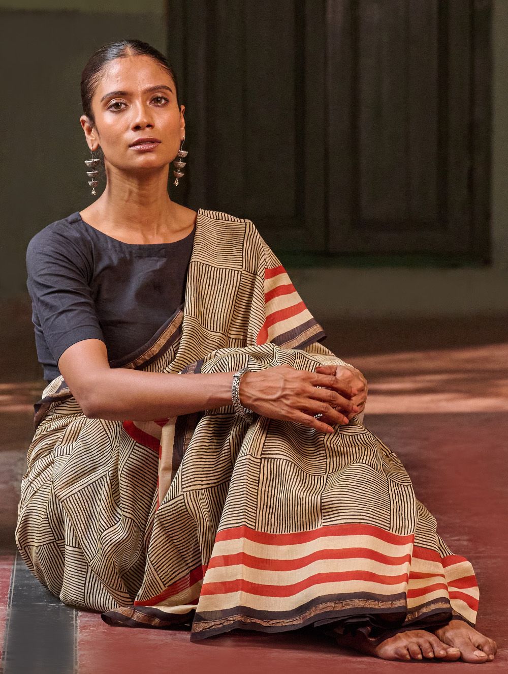 Bagru Statements: Striking Bagru Hand Block Printed Chanderi Saree - Linear Grids