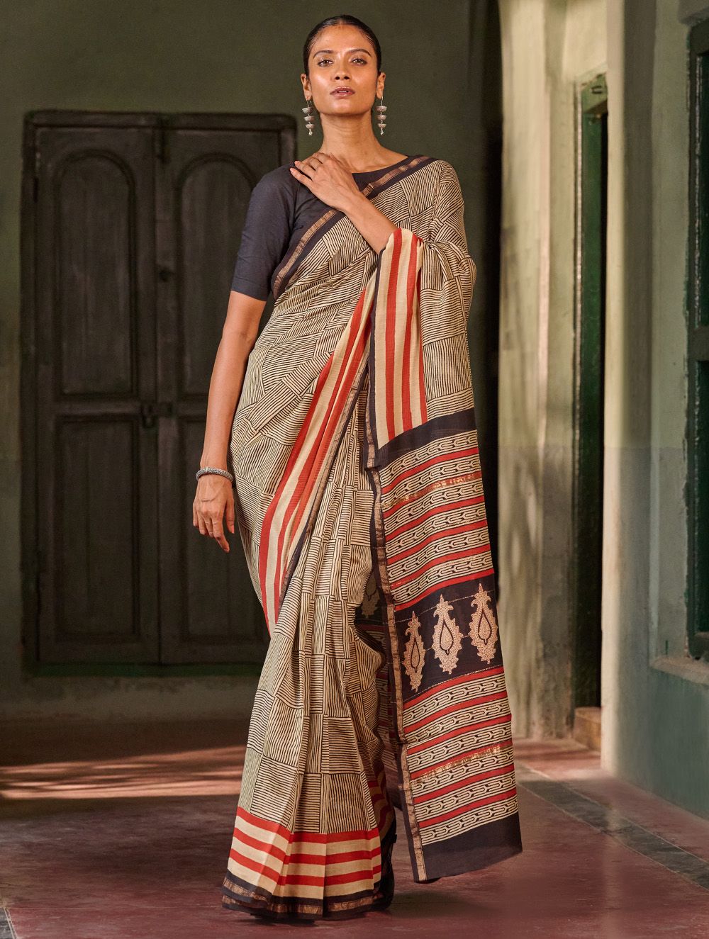 Bagru Statements: Striking Bagru Hand Block Printed Chanderi Saree - Linear Grids