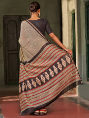 Bagru Statements: Striking Bagru Hand Block Printed Chanderi Saree - Linear Grids