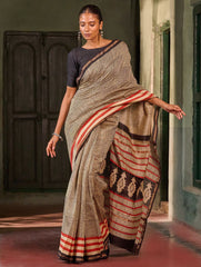 Bagru Statements: Striking Bagru Hand Block Printed Chanderi Saree - Linear Grids
