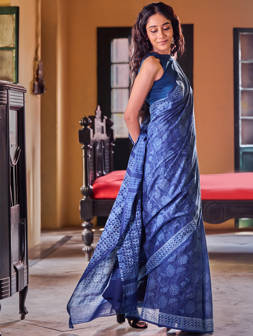 Indigo Moods. Dabu Hand Block Printed Mul Cotton Saree - Moonlit Garden
