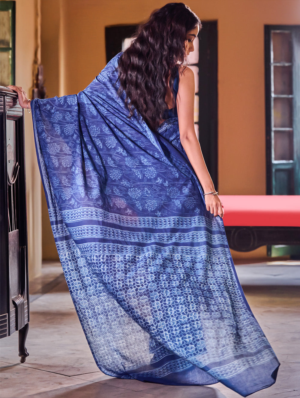 Indigo Moods. Dabu Hand Block Printed Mul Cotton Saree - Moonlit Garden