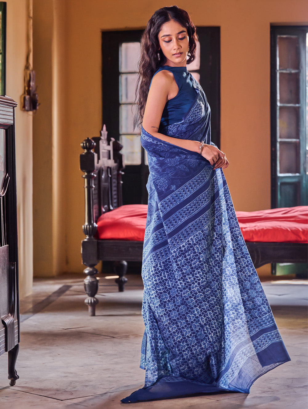 Indigo Moods. Dabu Hand Block Printed Mul Cotton Saree - Moonlit Garden